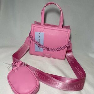 MADDEN GIRL Pink Mini Chain Crossbody Tote with AirPod Case Guitar Strap NWT